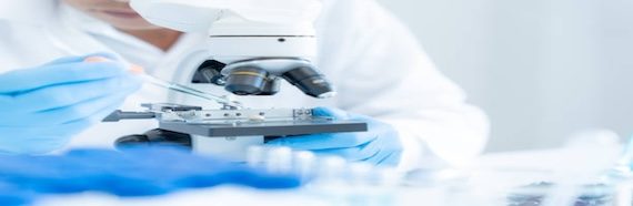 Scientist analyze biochemical samples in advanced scientific laboratory. Medical professional use microscope look microbiological developmental of viral. Biotechnology research in science lab.